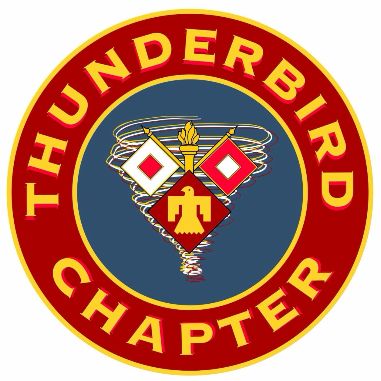 Logo of the Thunderbird Chapter featuring a red and yellow circular border with the words 'THUNDERBIRD CHAPTER' in bold yellow letters. Inside the circle, a blue background showcases a stylized tornado design. At the center, one white Signal Corps Wig-Wag Flag with a red diamond and one red Signal Corps Wig-Wag Flag with a white diamond flank a red diamond containing the yellow thunderbird, the unit patch of the 45th Infantry Division. Above the diamonds, a torch symbol is present.